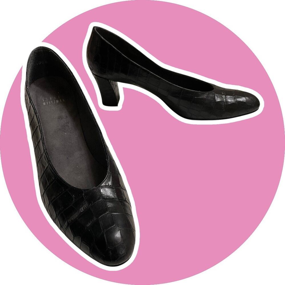 STUART WEITZMAN Black Croc 80s Vintage Leather Heel Pumps Women Size 9.5 AA